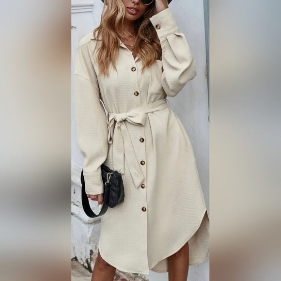 Shein Slant Pockets Curved Hem Button Up Belted Shirt Dress Size M, UK 10 - Picture 5 of 7